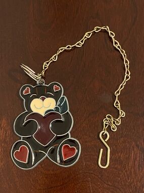 Vintage Stained Glass Teddy Bear Suncatcher Handmade Holographic Slag w/ Chain